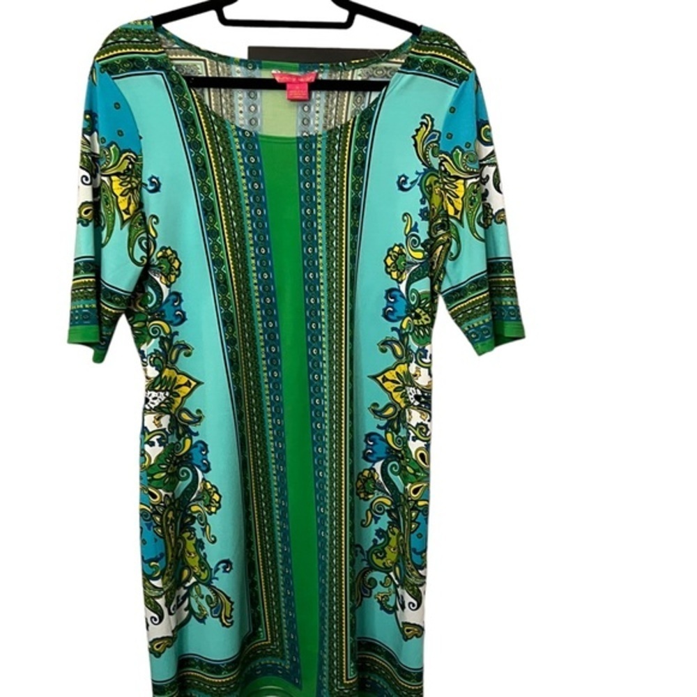 Sunny Leigh Green Turquoise Blue Floral Henna Striped Sheath Dress Medium - Picture 4 of 7